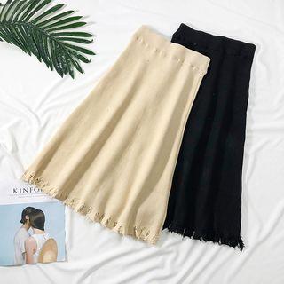 Fray-trim Knit Midi Skirt