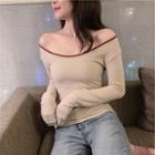 Long-sleeve Off-shoulder Contrast Trim Top