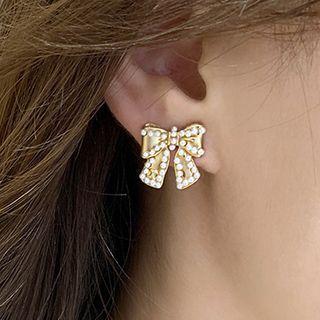 Faux Pearl Bow Earring 1 Pair - 925 Silver Needle - Gold - One Size