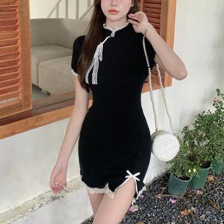 Puff Sleeve Lace Trim Qipao Mini Dress