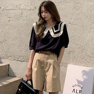 Puff-sleeve Peter Pan-collar Blouse / Wide Leg Dress Shorts