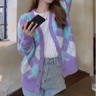 Argyle Cardigan Purple & Bluish Green - One Size