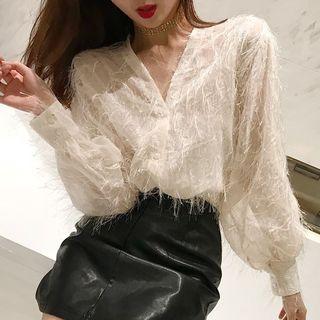 V-neck Fringed Trim Blouse