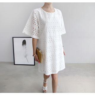 Elbow-sleeve Eyelet Cotton Shift Dress