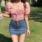 Short-sleeve Square-neck Crop Top Pink - One Size