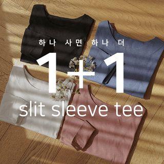 Set Of 2: Slit-cuff Round-hem T-shirt