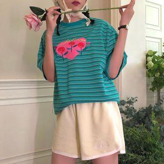 Rose Embroidered Striped T-shirt