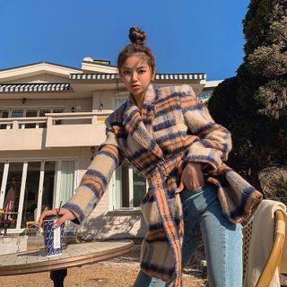 Double-breasted Brushed-fleece Plaid Jacket With Belt