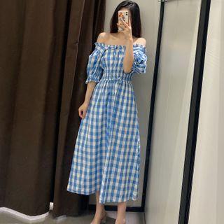 Puff-sleeve Ruffled-trim Plaid Tie-strap Dress