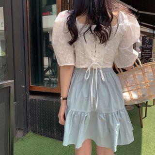 Set: Puff-sleeve Embroidered Blouse + Plain Skirt