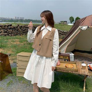 V-neck Plain Vest / Plain Button-up A-line Dress
