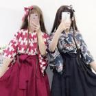 3/4-sleeve Printed Hanfu Top / Tie-waist Skirt