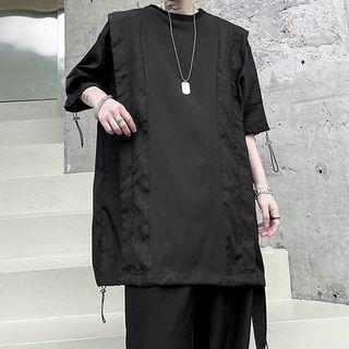 Short-sleeve Panel Drawstring Plain Top