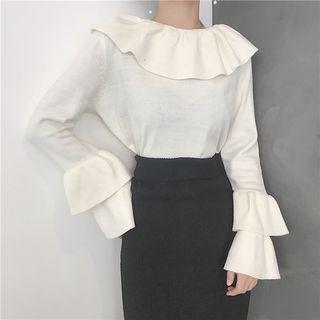 Plain Ruffle Trim Long Sleeve Knit Top