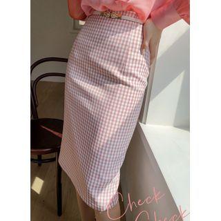 Checked Midi Pencil Skirt With Belt