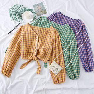 Tie-hem Checked V-neck Shirt
