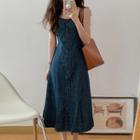 Suspender Denim A-line Midi Dress Blue - One Size