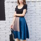Set: Short-sleeve T-shirt + Midi A-line Color Block Skirt