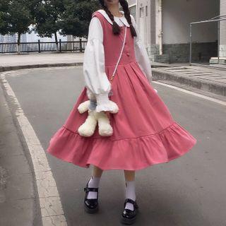 Bell-sleeve Shirt / A-line Midi Pinafore Dress