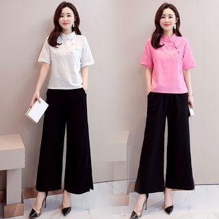 Set: Short-sleeve Frog-buttoned Top + Wide Leg Pants