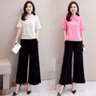Set: Short-sleeve Frog-buttoned Top + Wide Leg Pants