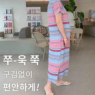 Multicolor-striped Maxi T-shirt Dress