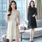 Long-sleeve Tie-neck A-line Lace Dress