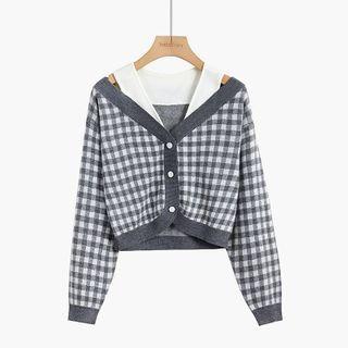 Mock Two-piece Plaid Cardigan Sweater - Plaid - Dirty White - One Size
