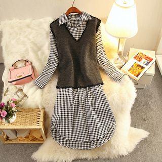Set: V-neck Knit Vest + Plaid Shirt Dress