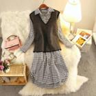 Set: V-neck Knit Vest + Plaid Shirt Dress