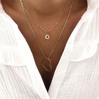 Alloy Heart Faux Pearl Pendant Layered Necklace Gold - One Size