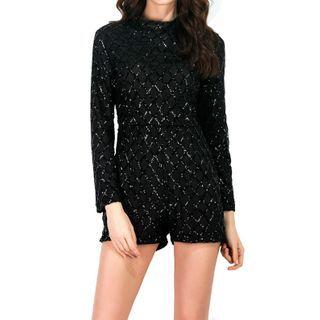 Long-sleeve Fringed Sequined Jumpsuit