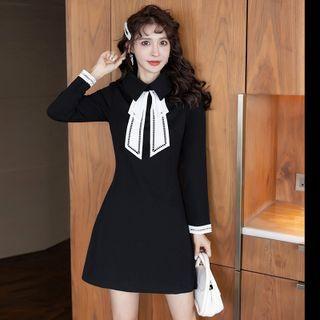 Long-sleeve Collared Ribbon Mini A-line Dress