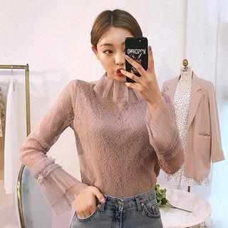 Pleat-detail Sheer Lace Blouse