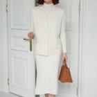 Button Vest & Mockneck Top & H-line Skirt Monochrome Knit Set