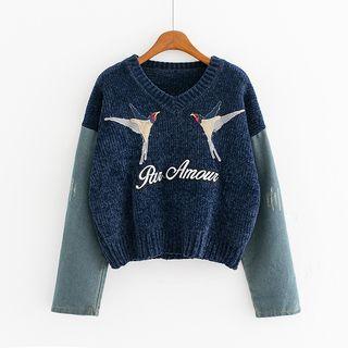 Bird Embroidered Denim Panel Sweater