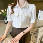 Short-sleeve Faux Pearl Button Shirt