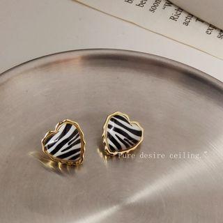 Zebra Print Heart Alloy Earring 1 Pair - C-491 - Black & White - One Size