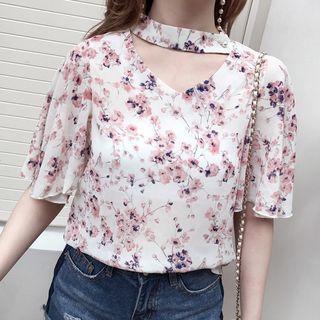 Cutout Printed Short-sleeve Top