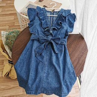 Ruffle Trim Sleeveless Denim Mini A-line Dress