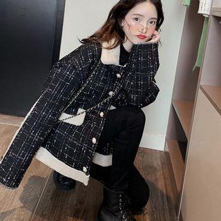 Fleece-trim Tweed Button Jacket