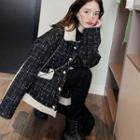 Fleece-trim Tweed Button Jacket