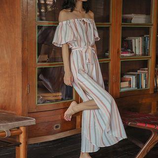 Striped Off-shoulder Slit-side Jumpsuit
