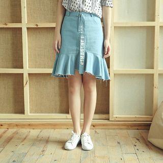 Belted Ruffle Denim Pencil Skirt