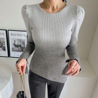 Puff-sleeve Gradient Rib-knit Top