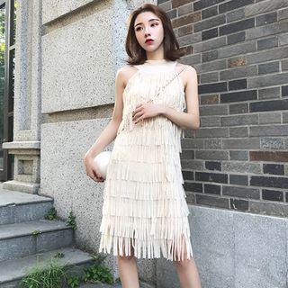 Halter Mini Fringed Dress Almond - One Size