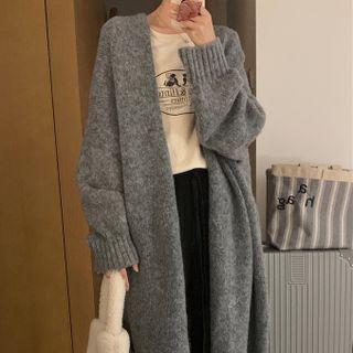 Plain Long-sleeve Knit Maxi Jacket Gray - One Size