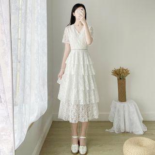 Short-sleeve Tiered Lace Midi A-line Dress