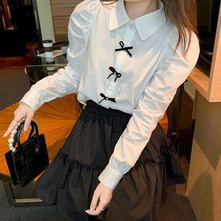Puff Sleeve Peter Pan Collar Bow Accent Shirt