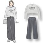 Lettering Polo Collar Top / Plain Wide-leg Pants